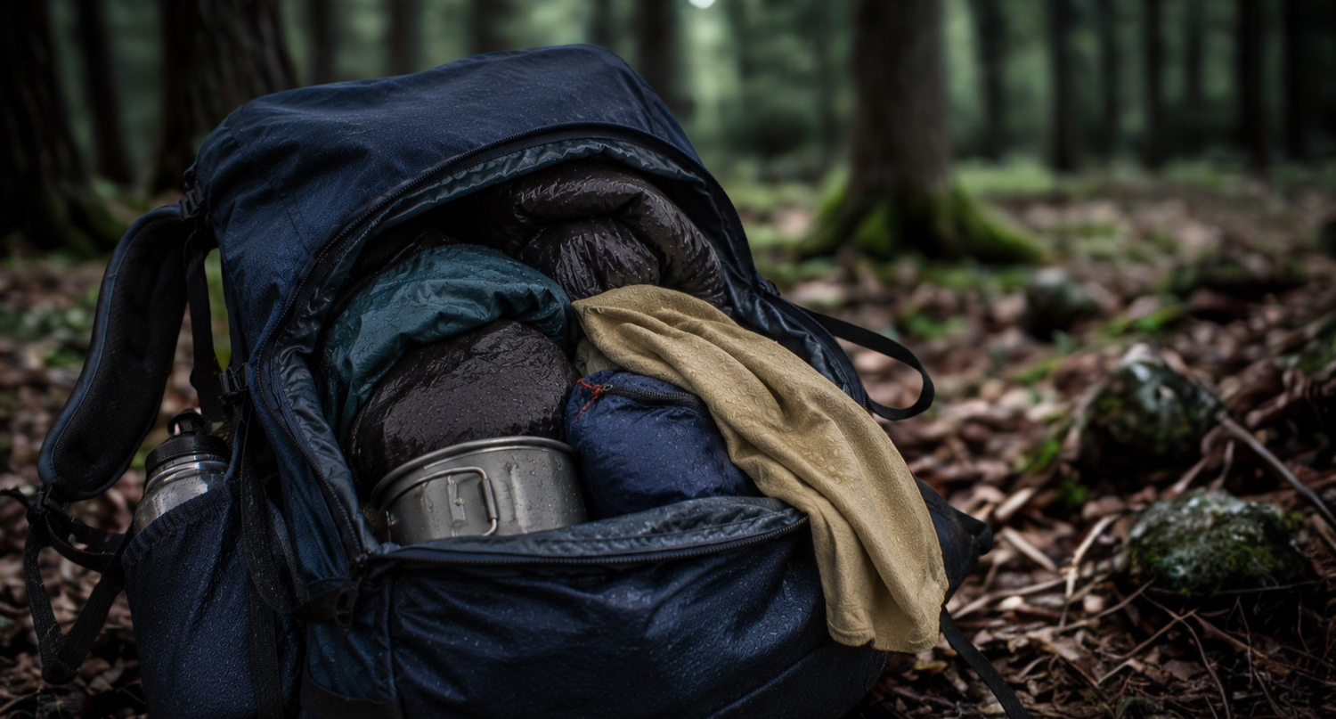 Feuchtes Handtuch im Trekkingrucksack während einer Mehrtagestour